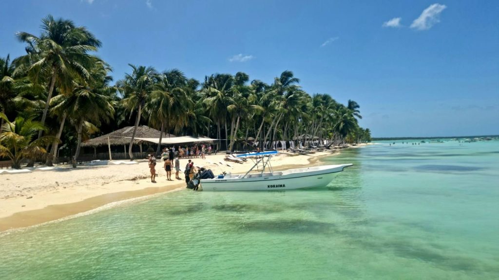 Playa de Isla Saona con palmeras, lanchas y agua cristalina en República Dominicana