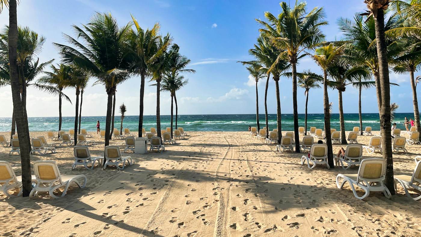 Playa con palmeras y reposeras en la Riviera Maya, cerca de Playa del Carmen